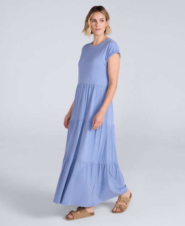 Jersey Womens Maxi Tiered Dress - Corn Blue  Animal
