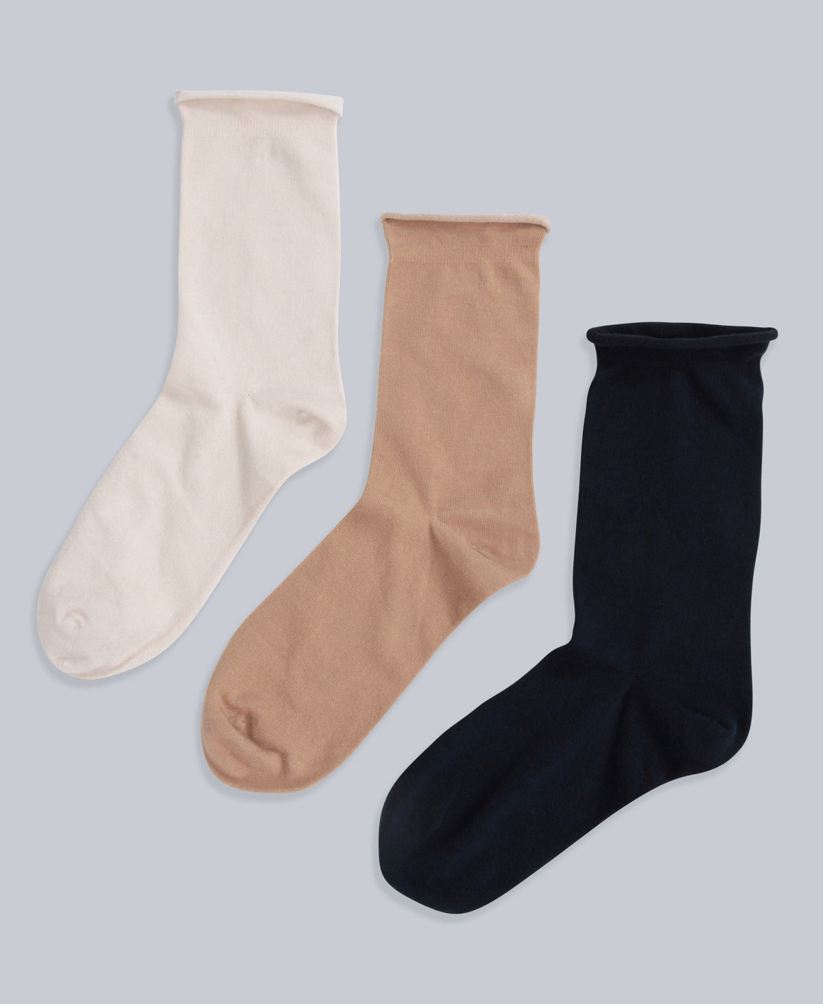 Isla Womens Roll Hem Mid Calf Socks- 3 Packs - Light Beige
