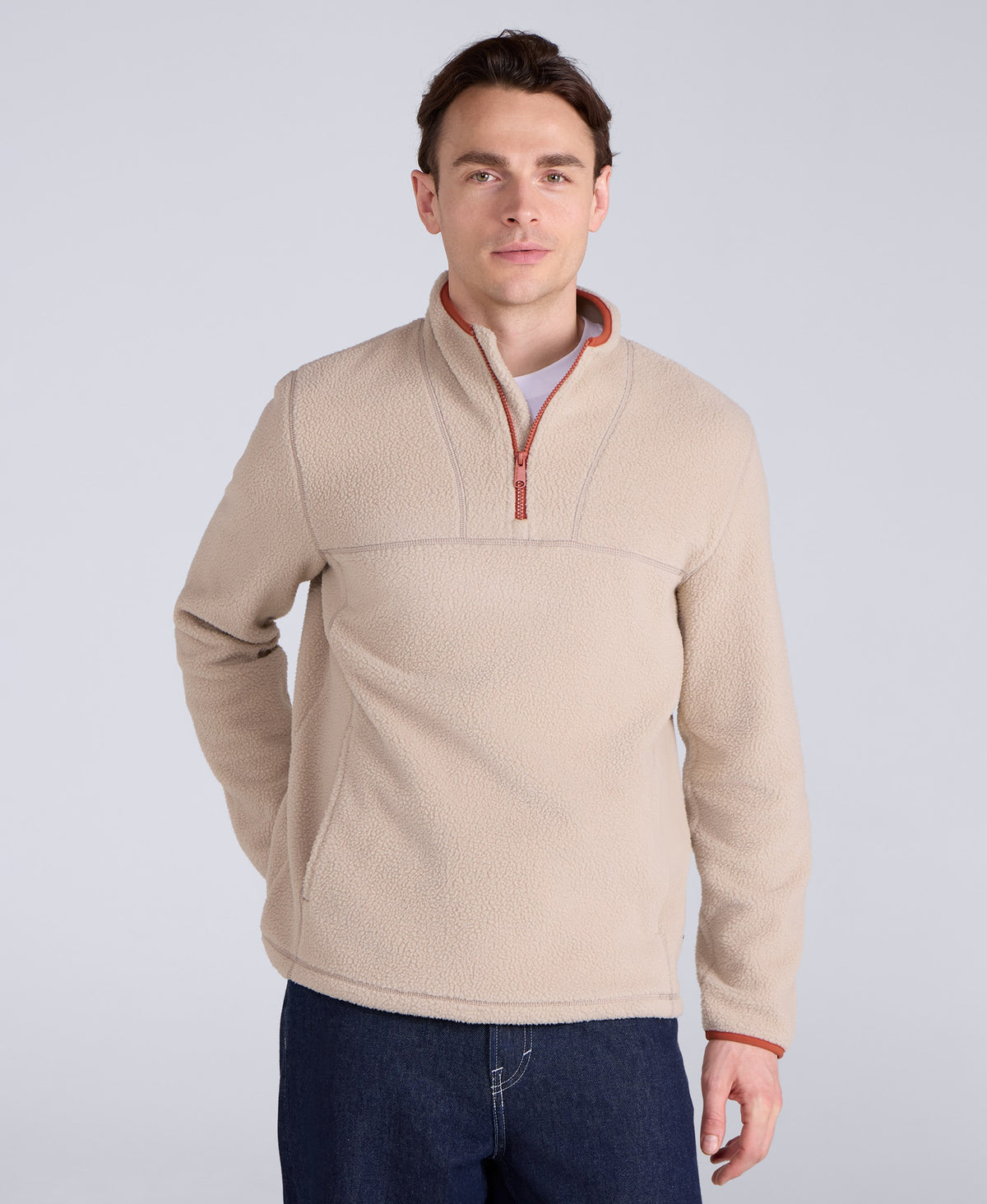 Alfie Mens Borg Contrast Trim Half Zip Fleece - Light Beige
