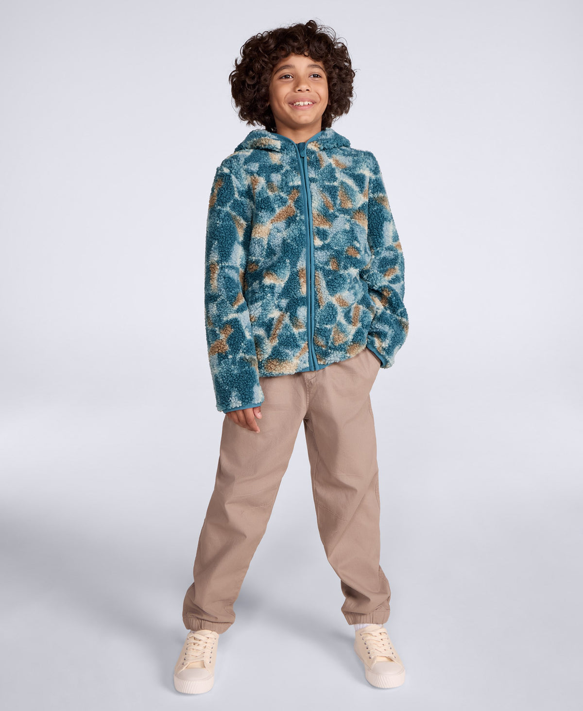 Matteo Kids Printed Borg Hooded Fleece - Dark Green