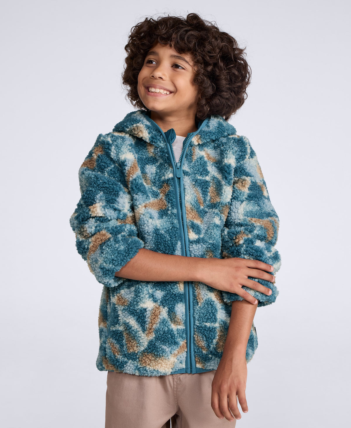 Matteo Kids Printed Borg Hooded Fleece - Dark Green