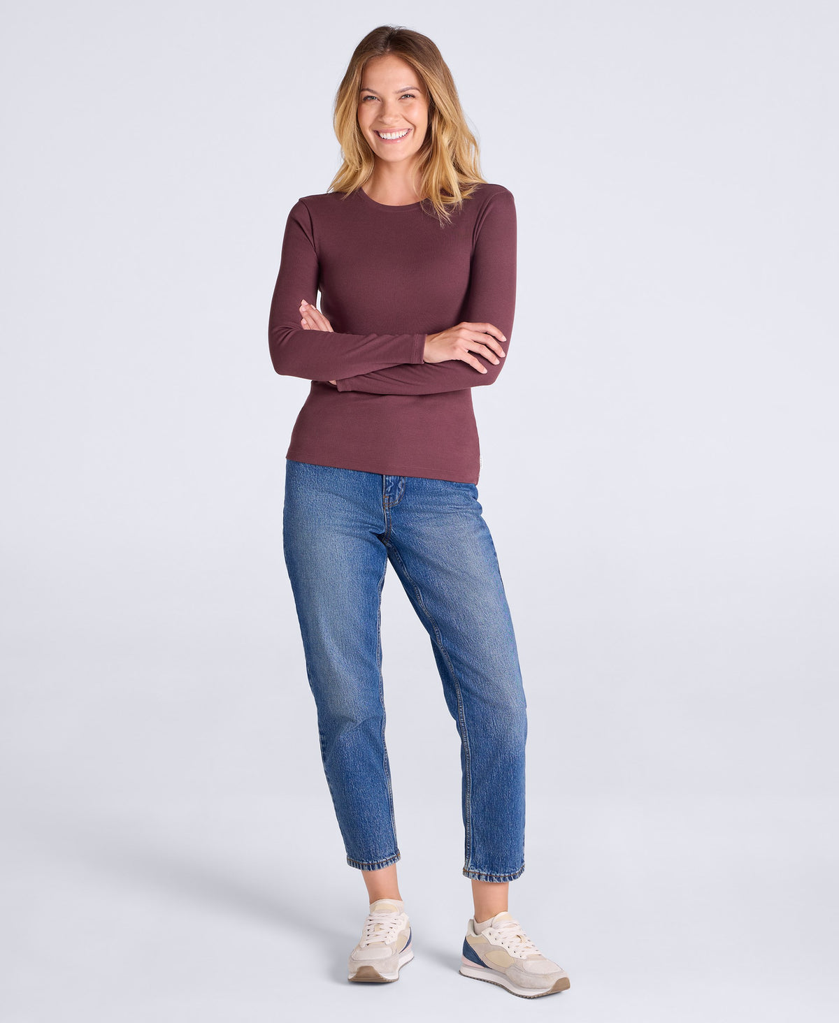 Evo Rib Womens Crew Long Sleeve Top - Dark Burgundy