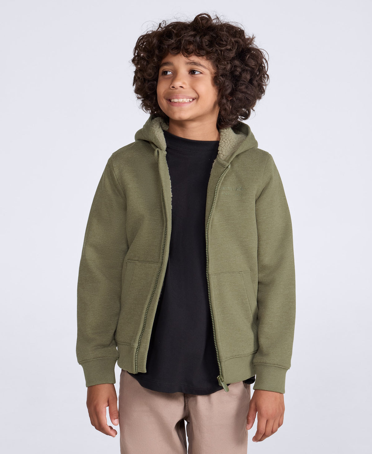 Samuel Fur Lined Kids Full Zip Hoodie - Khaki