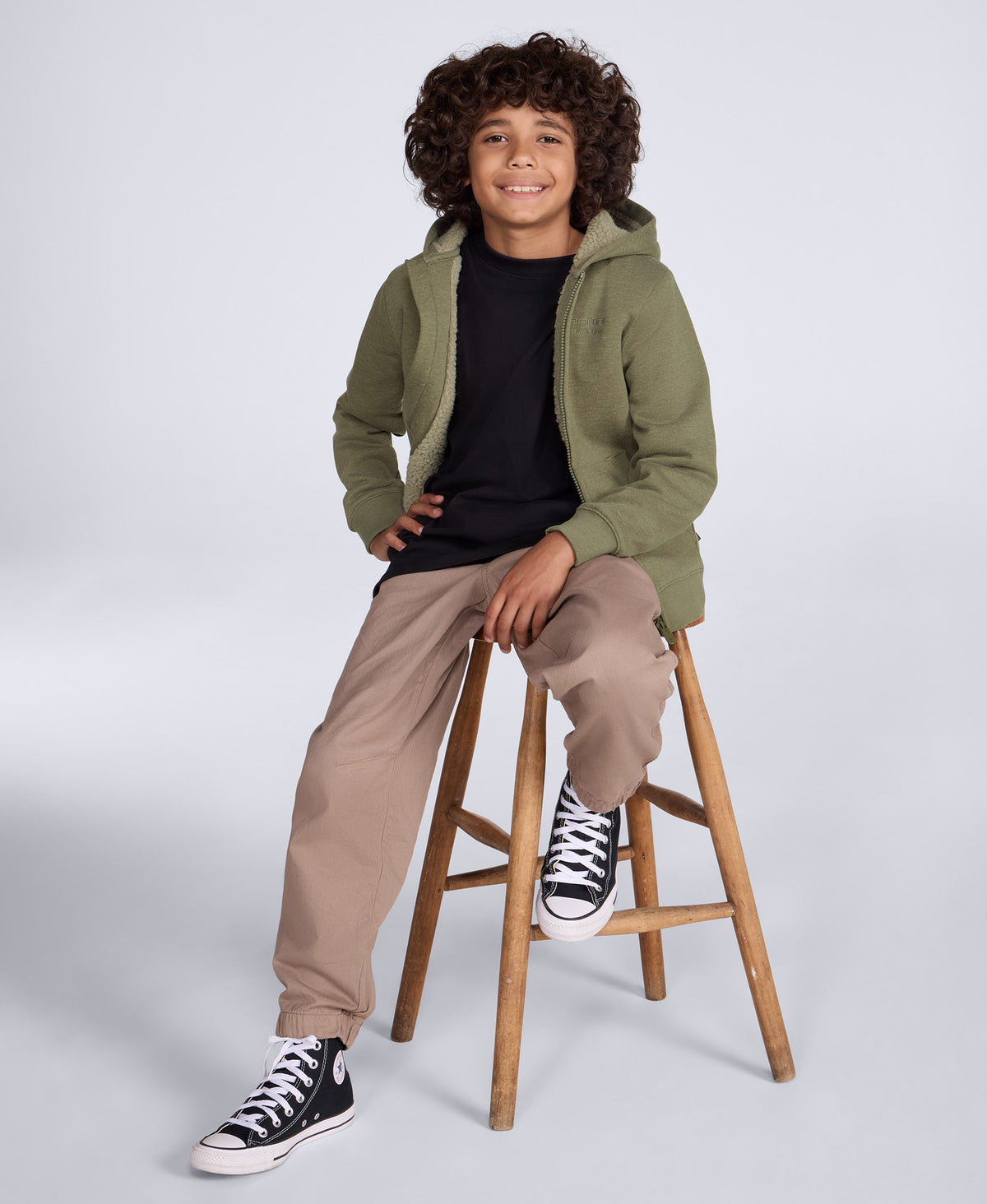 Samuel Fur Lined Kids Full Zip Hoodie - Khaki
