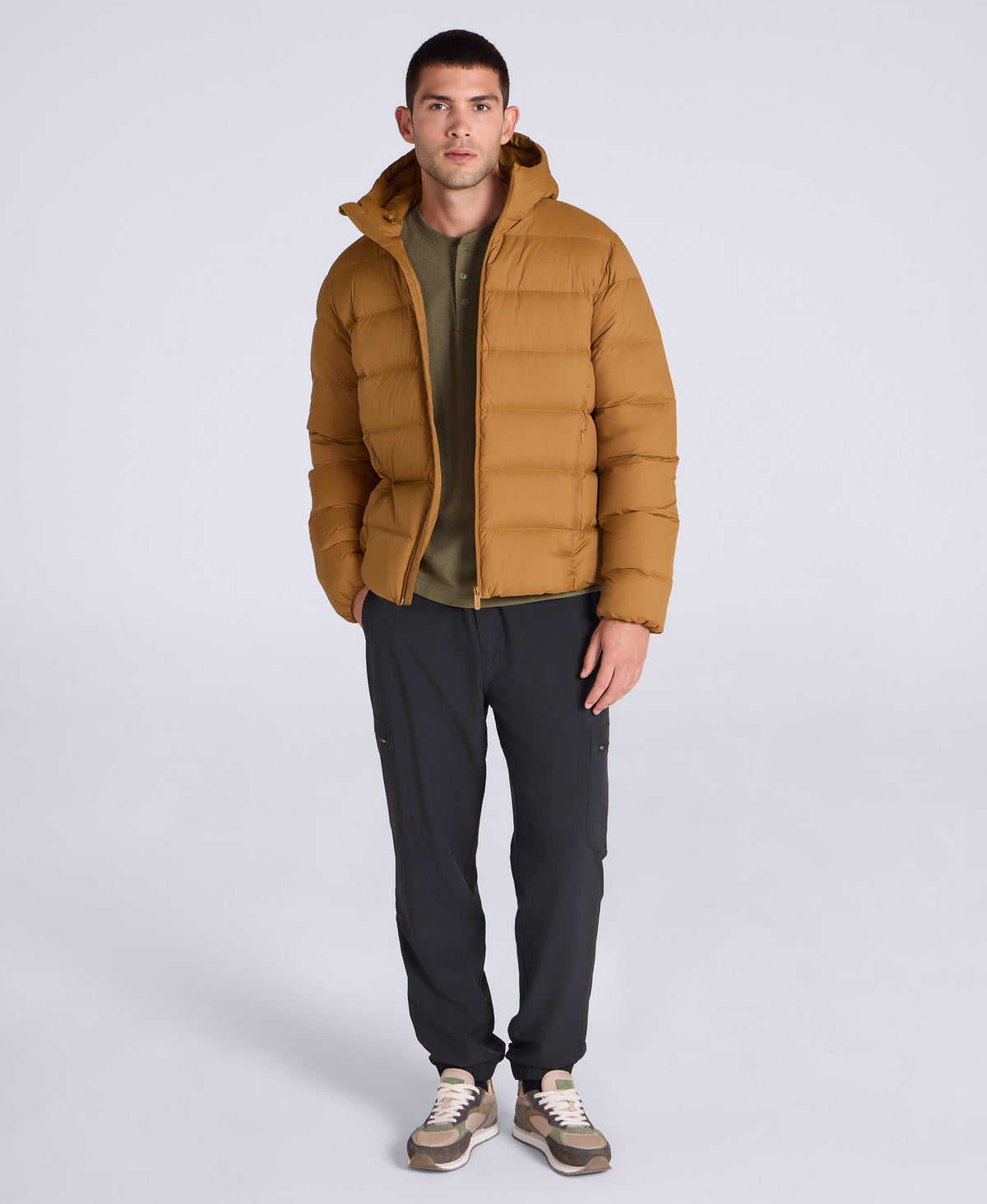 Stratus Mens Hooded Extreme Down Packable Jacket - Mustard