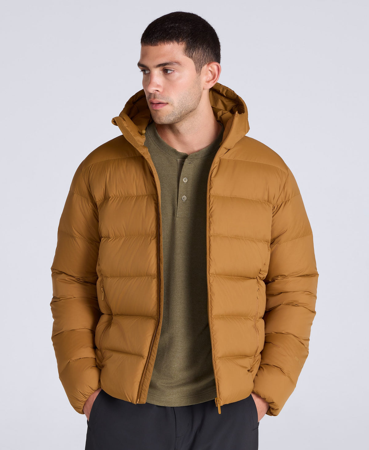 Stratus Mens Hooded Extreme Down Packable Jacket - Mustard