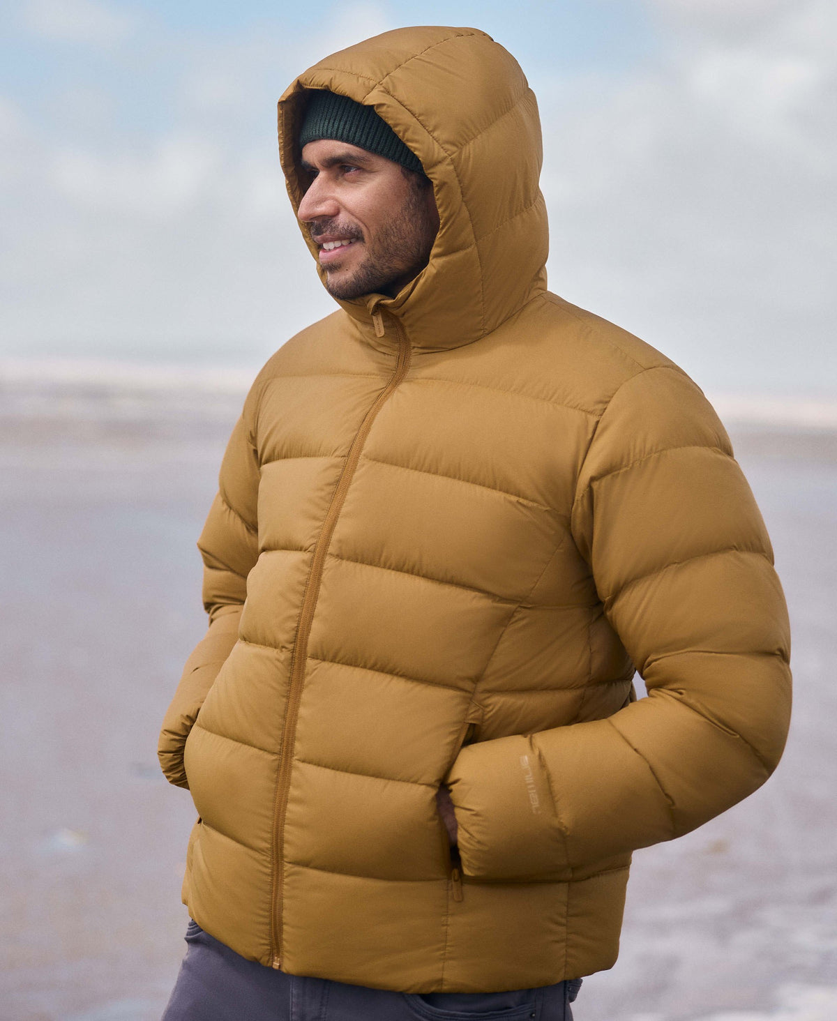 Stratus Mens Hooded Extreme Down Packable Jacket - Mustard