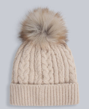 Becky Womens Sherpa Lined Pom Beanie - Light Beige