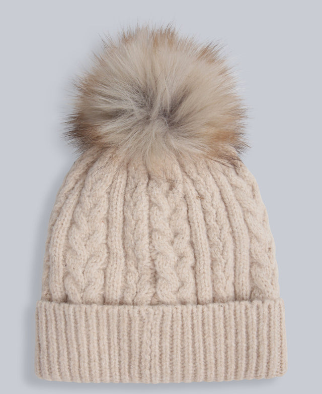 Becky Womens Sherpa Lined Pom Beanie - Light Beige