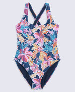 Mia Womens Cross Back Printed Swimsuit - Navy