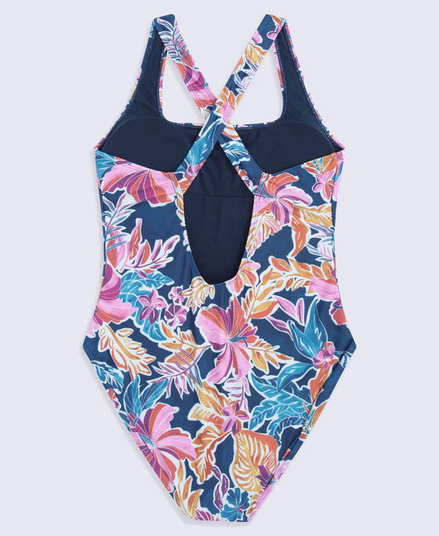 Mia Womens Cross Back Printed Swimsuit - Navy