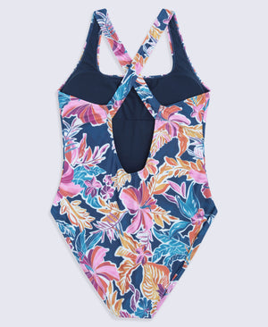 Mia Womens Cross Back Printed Swimsuit - Navy