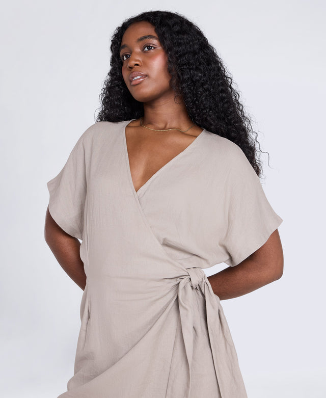 Linen Womens Wrap Playsuit - Taupe