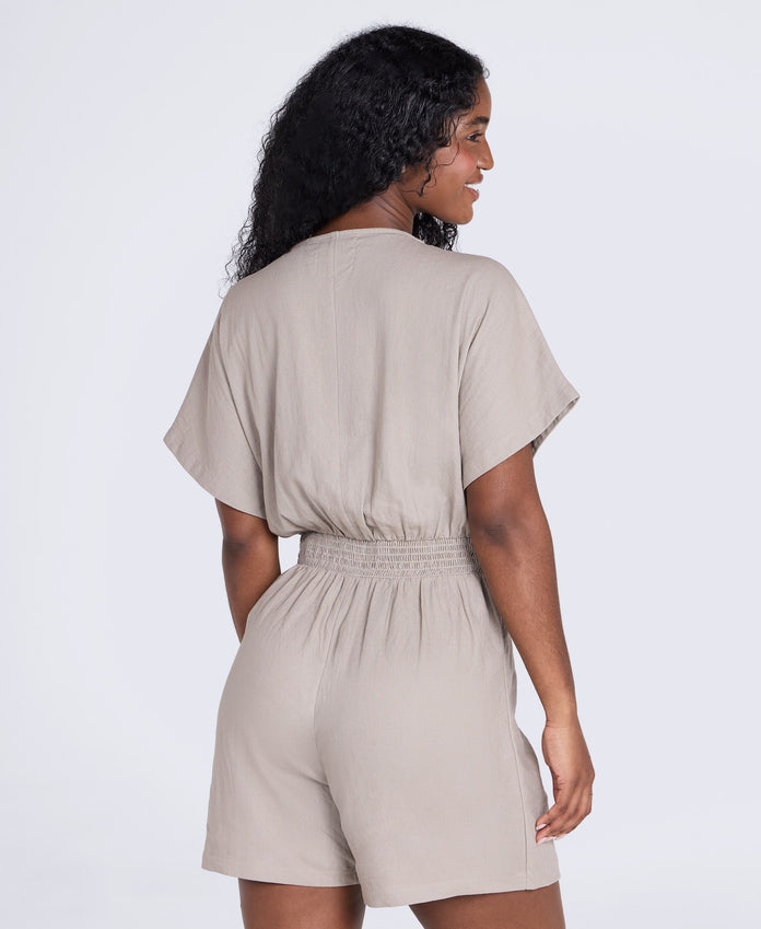 Linen Womens Wrap Playsuit - Taupe
