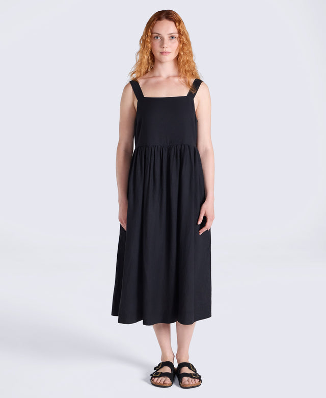 Linen Womens Midi Dress - Black