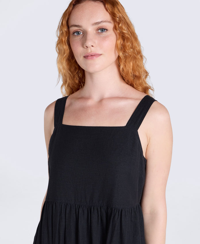 Linen Womens Midi Dress - Black