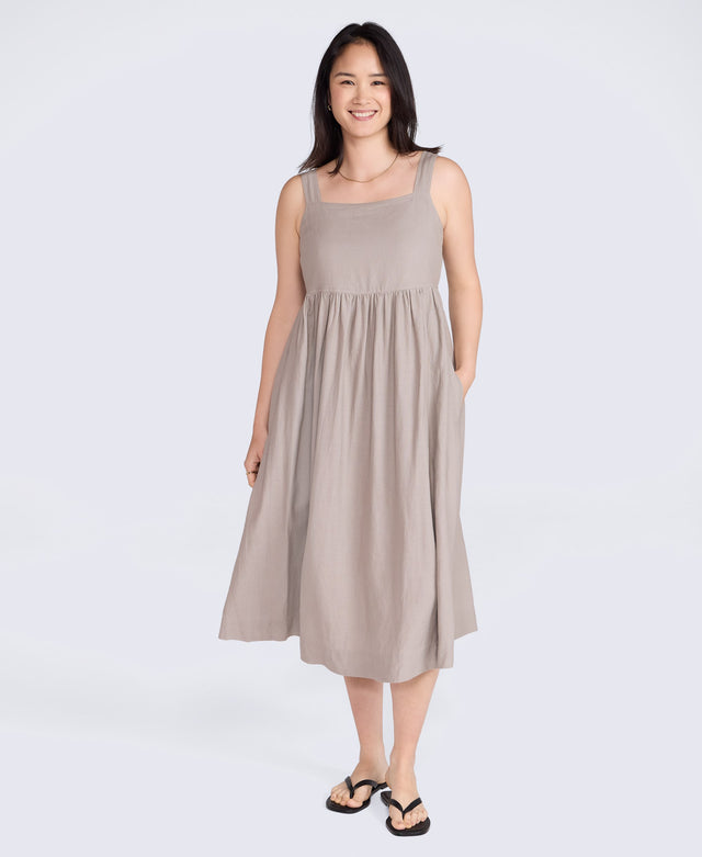 Linen Womens Midi Dress - Taupe