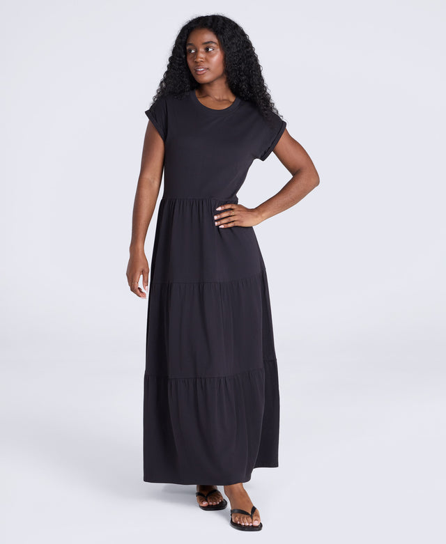 Jersey Womens Maxi Tiered Dress - Black