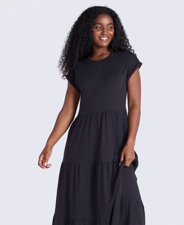 Jersey Womens Maxi Tiered Dress - Black