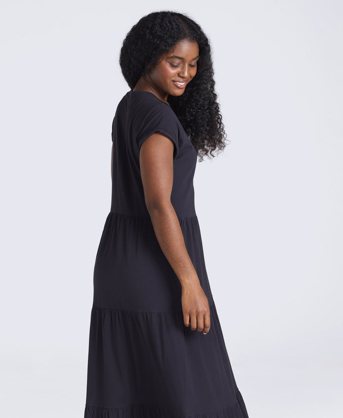 Jersey Womens Maxi Tiered Dress - Black