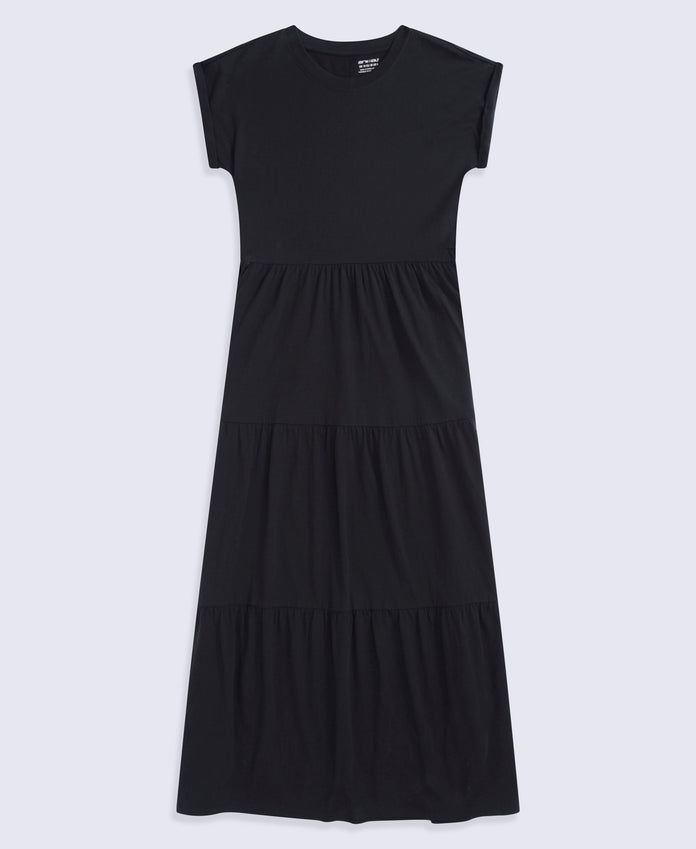 Jersey Womens Maxi Tiered Dress - Black