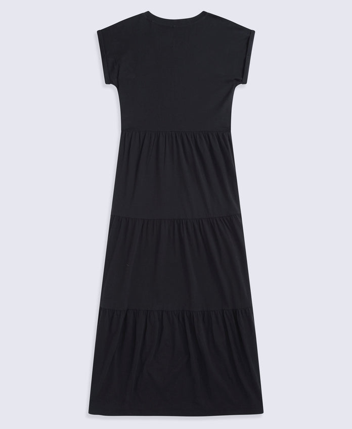 Jersey Womens Maxi Tiered Dress - Black