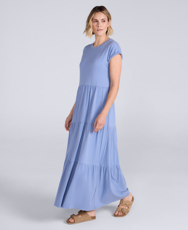 Jersey Womens Maxi Tiered Dress - Corn Blue