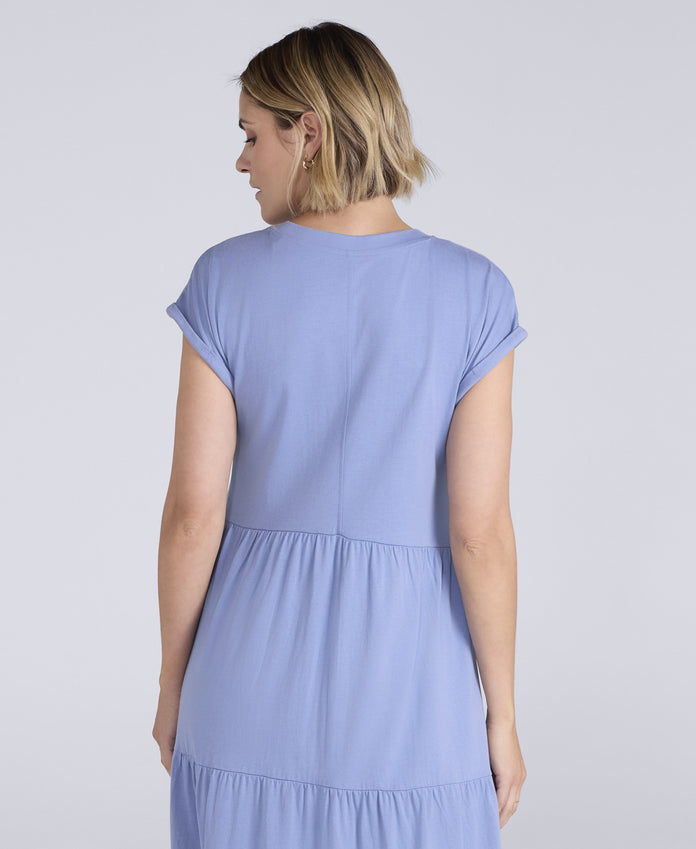 Jersey Womens Maxi Tiered Dress - Corn Blue