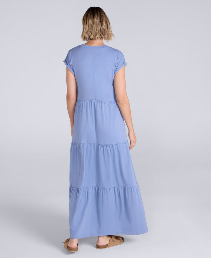 Jersey Womens Maxi Tiered Dress - Corn Blue