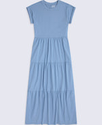 Jersey Womens Maxi Tiered Dress - Corn Blue