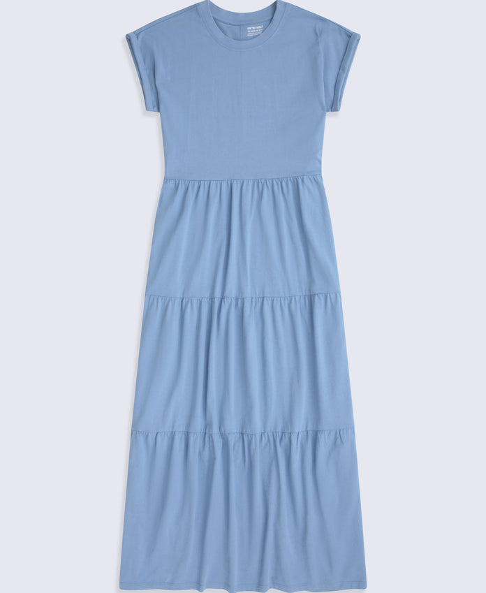 Jersey Womens Maxi Tiered Dress - Corn Blue