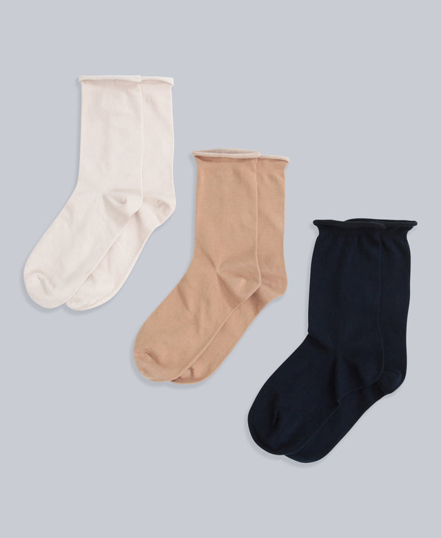 Isla Womens Roll Hem Mid Calf Socks- 3 Packs - Light Beige