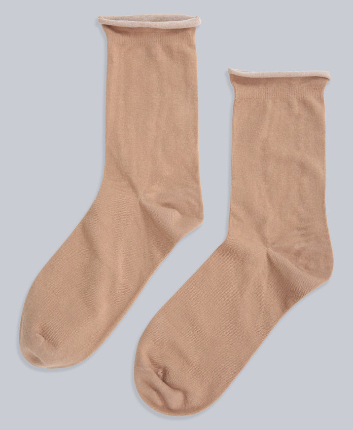 Isla Womens Roll Hem Mid Calf Socks- 3 Packs - Light Beige