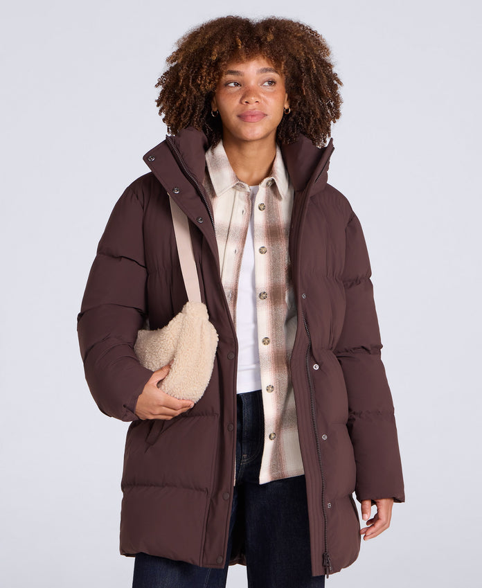 Maggie Womens Waisted Baffle Coat - Brown