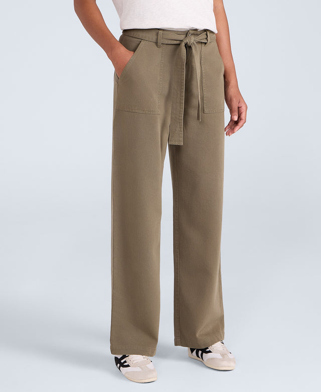 High Waisted Womens Straight Leg Trousers - Khaki