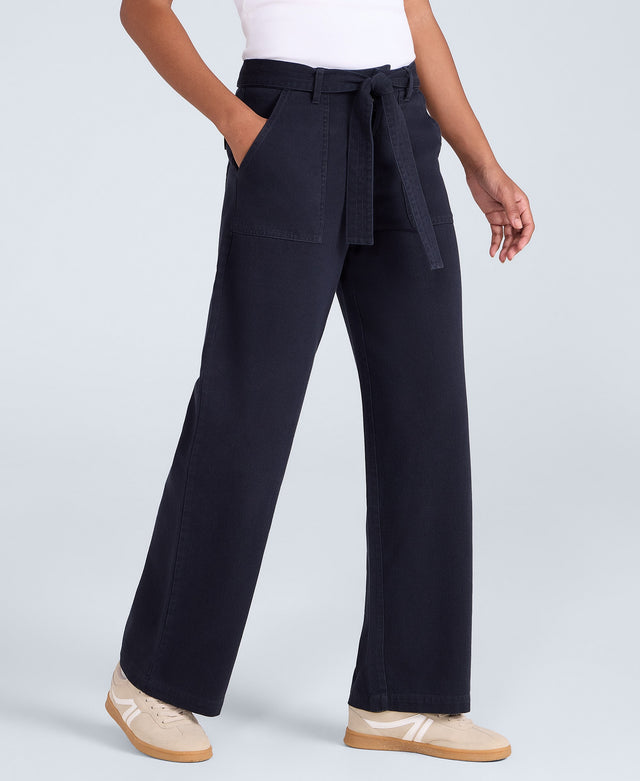 High Waisted Womens Straight Leg Trousers - Navy
