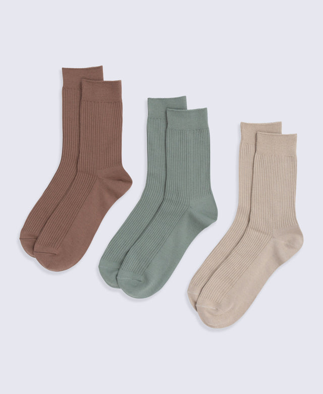 Flynn Mens Ribbed Mid Calf Socks- 3 Pack - Dark Beige