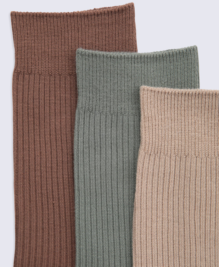 Flynn Mens Ribbed Mid Calf Socks- 3 Pack - Dark Beige
