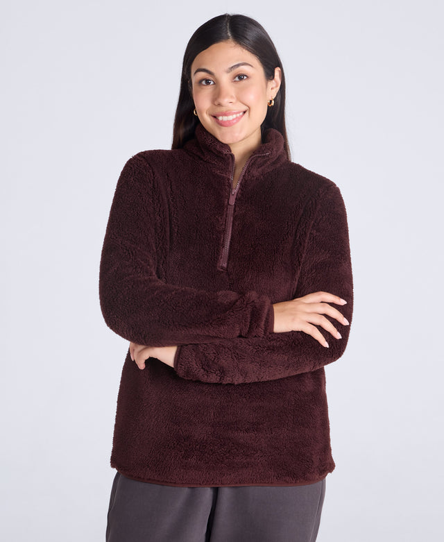 Teddy Womens Half Zip Fleece - Dark Brown