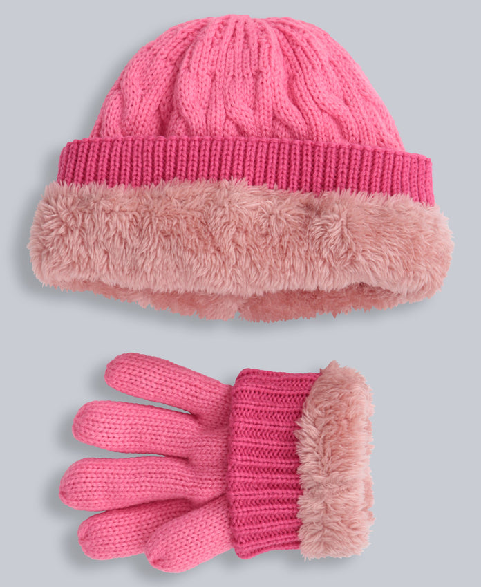 Kids Fur Lined Hat & Glove Set - Pink