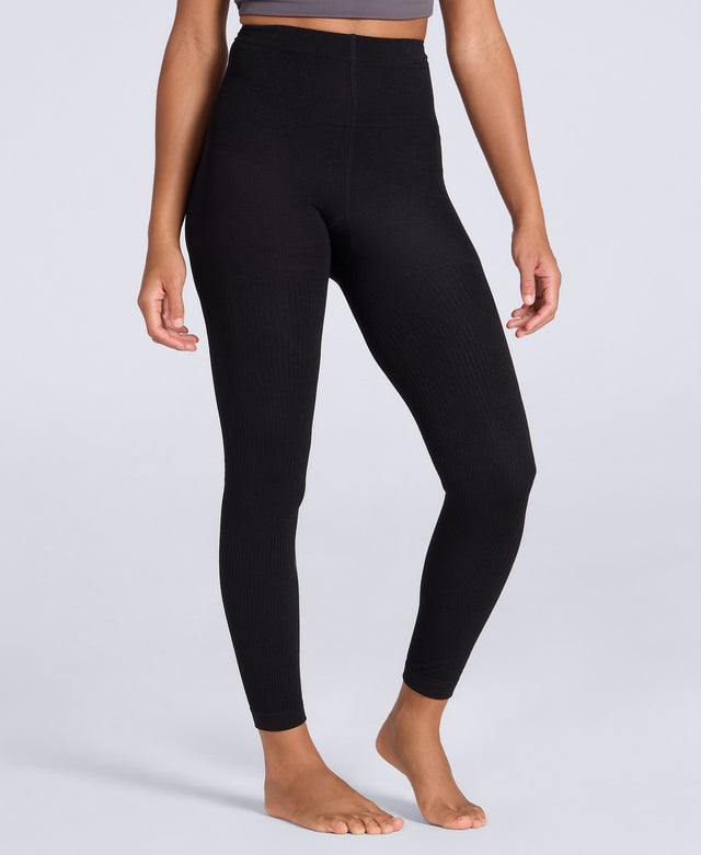 Fleece Lined Ribbed Womens Leggings - Black