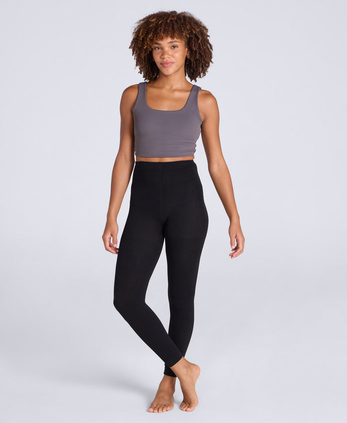 Fleece Lined Ribbed Womens Leggings - Black