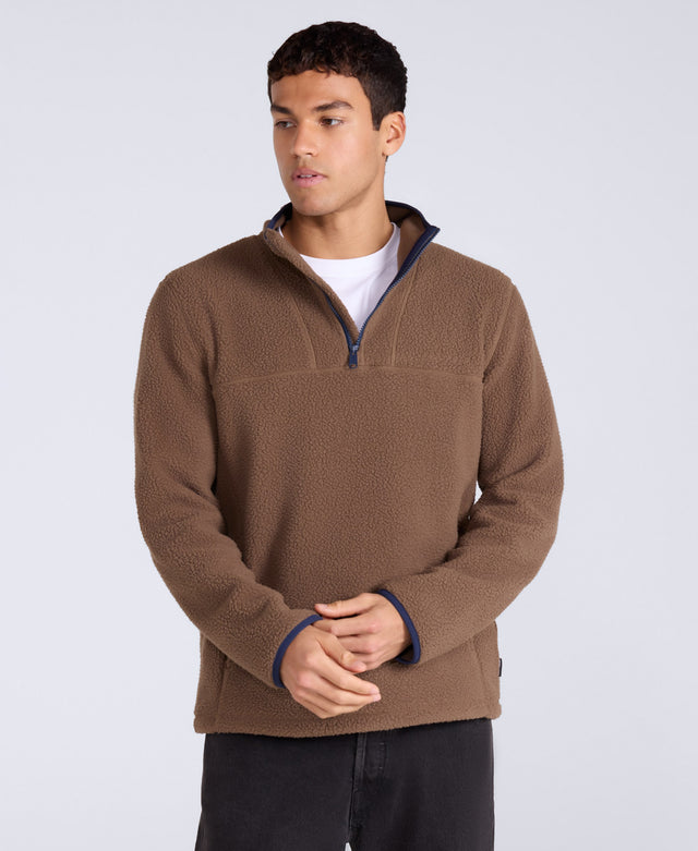 Alfie Mens Borg Contrast Trim Half Zip Fleece - Brown
