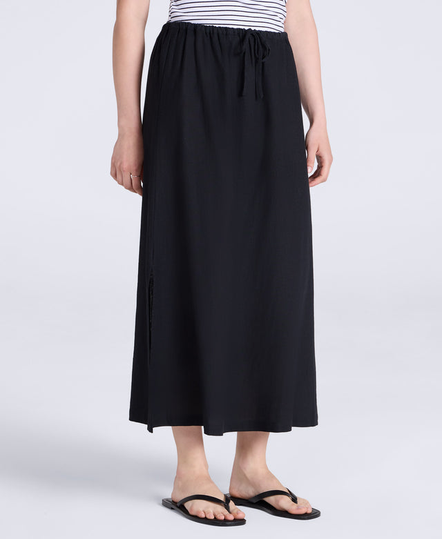 Womens Linen Blend Midi Skirt - Black