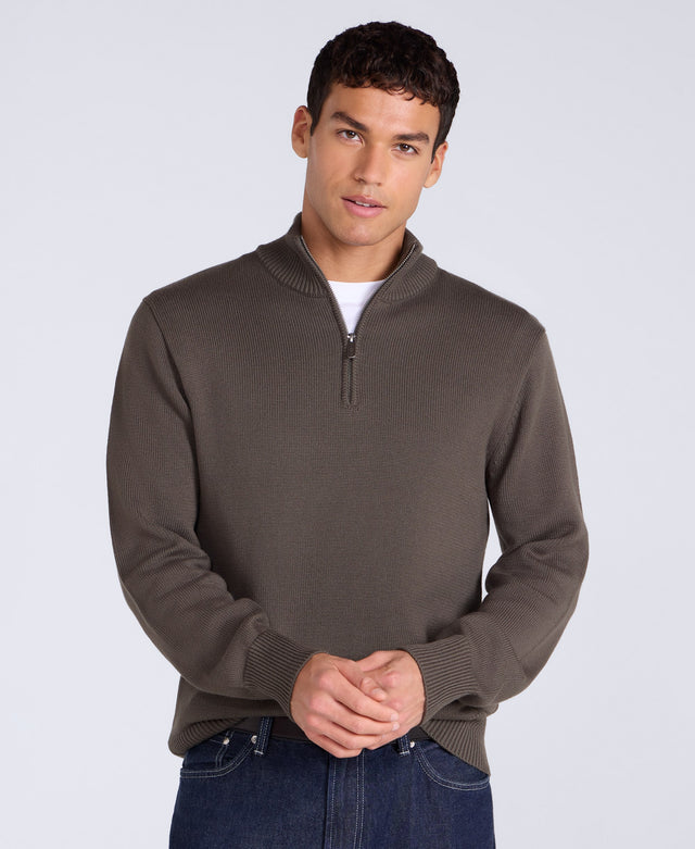 Mens Ribbed Quarter Zip Jumper - Khaki