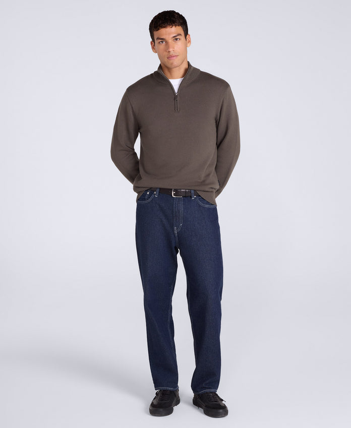 Mens Ribbed Quarter Zip Jumper - Khaki