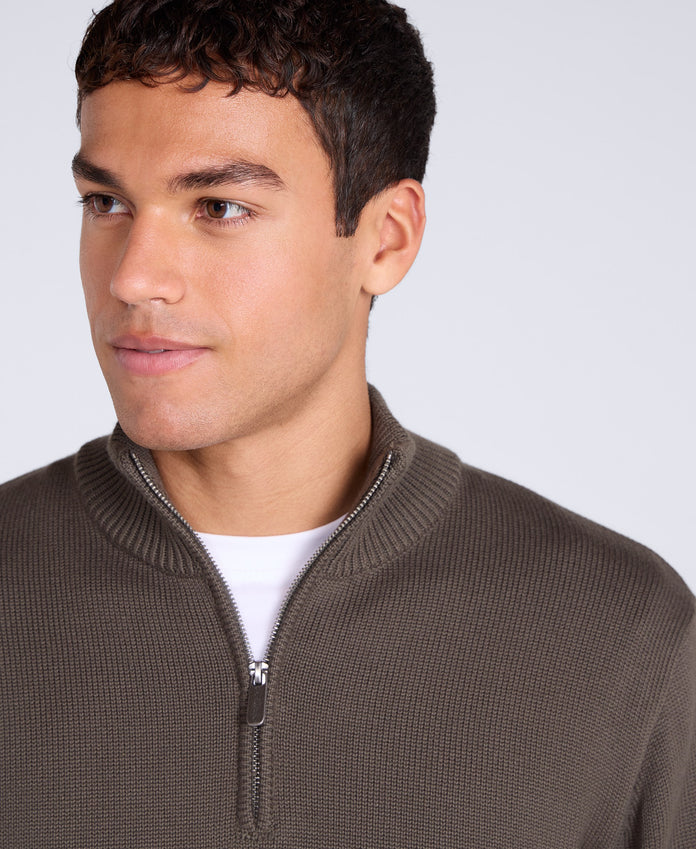 Mens Ribbed Quarter Zip Jumper - Khaki