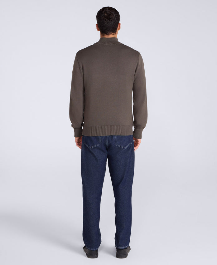 Mens Ribbed Quarter Zip Jumper - Khaki