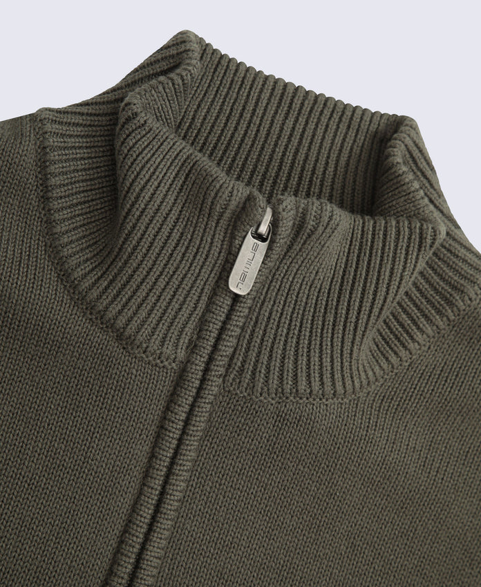 Mens Ribbed Quarter Zip Jumper - Khaki