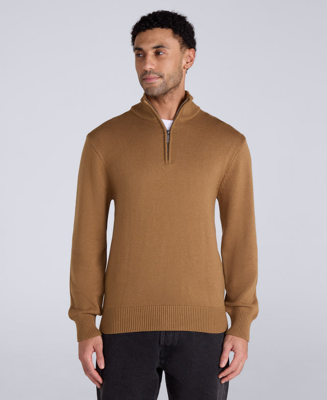 Mens Ribbed Quarter Zip Jumper - Mustard